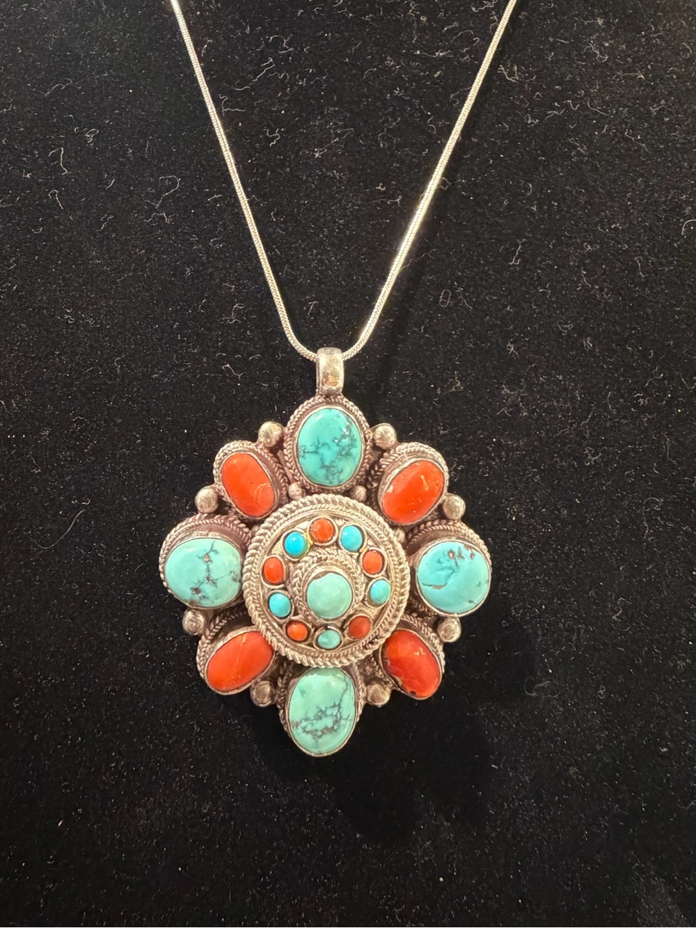 Statement Vintage Sterling Silver Medallion, Turquoise & Coral Cluster Pendant